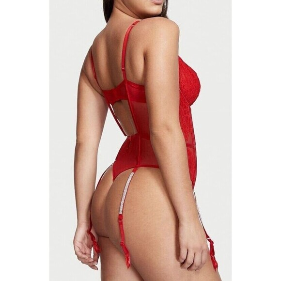 Victoria's Secret Very Sexy Red Rhinestone Shine Strap Lace Teddy With Garters - Picture 1 of 11